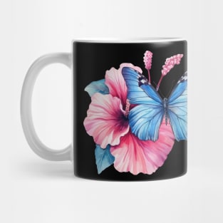 Blue Butterfly on Pink Hibiscus Watercolor Mug